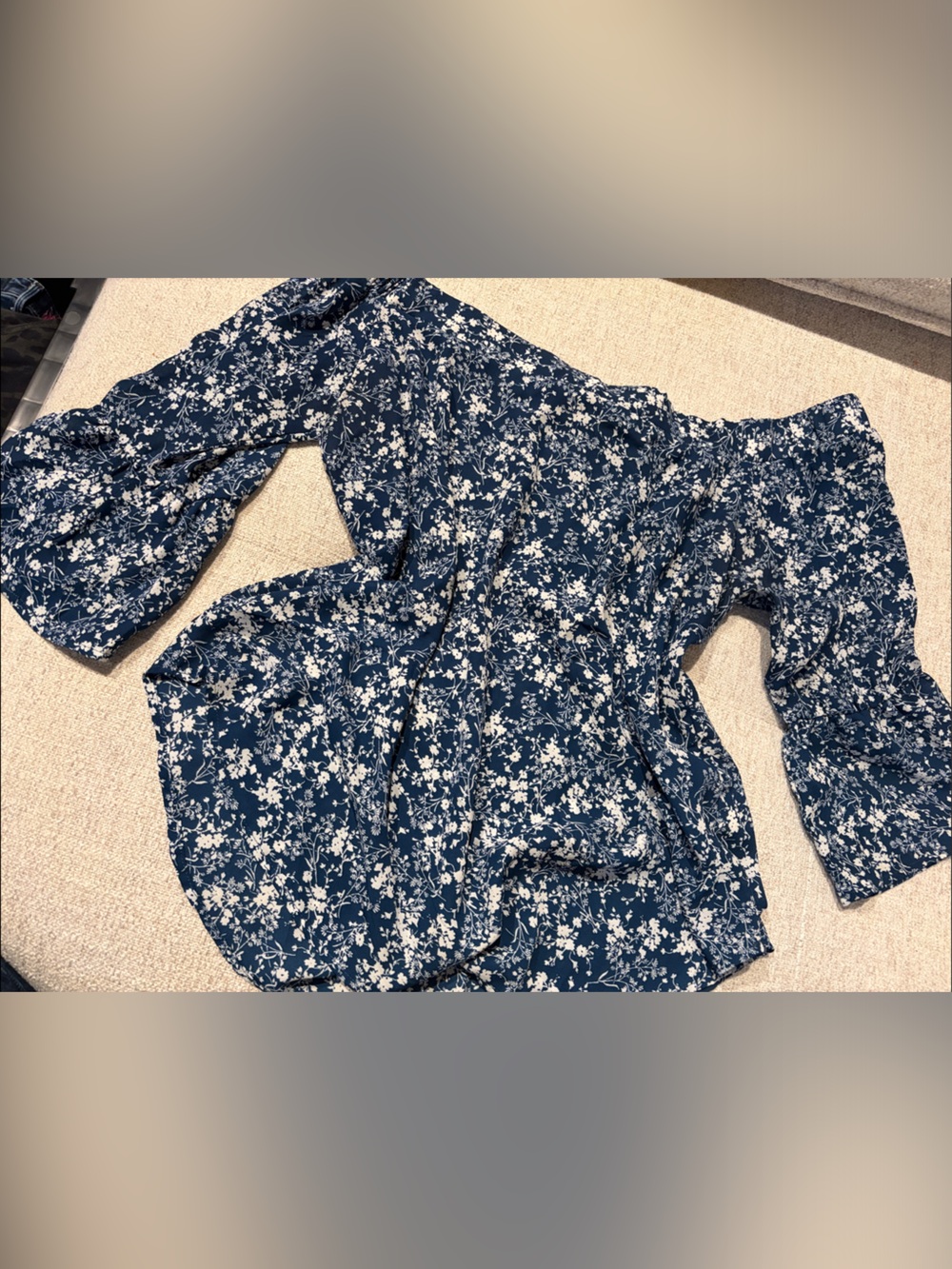 Floral Off-Shoulder Blouse in Navy Blue